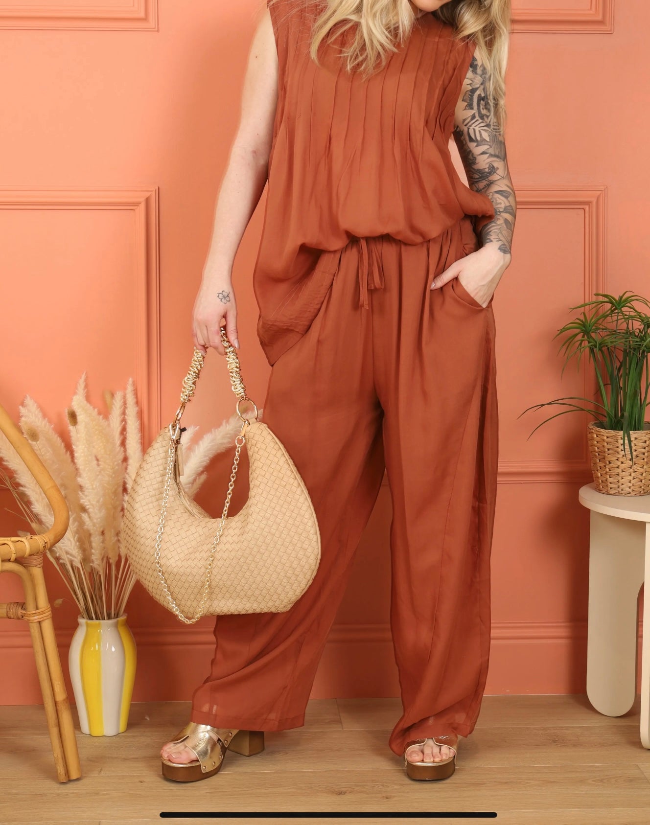 Ensemble Décontracté Couleur Brique — 100% Tencel